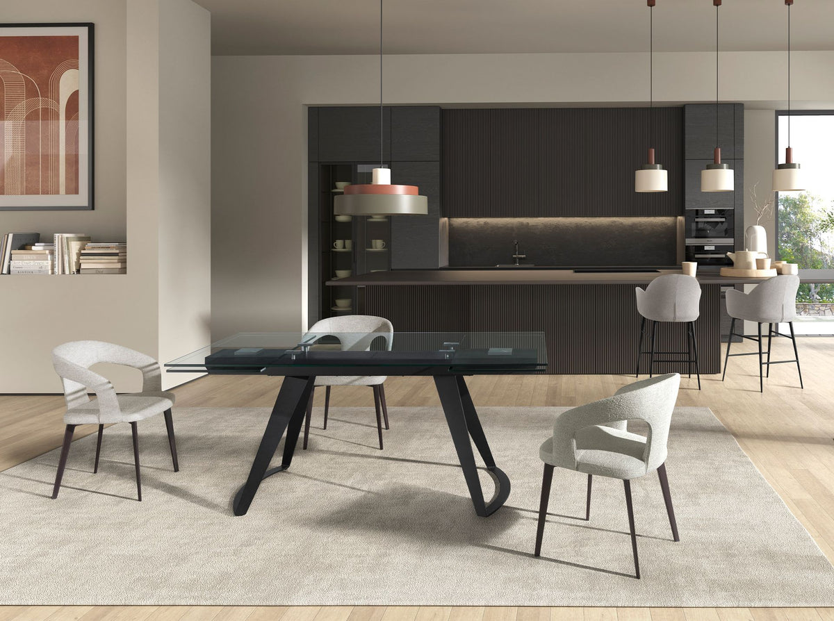 Tavolo da pranzo rettangolare allungabile in vetro temperato e acciaio nero