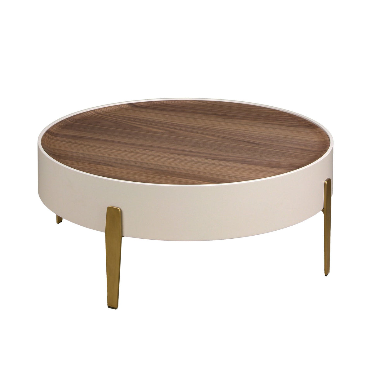 Tavolino rotondo in noce, legno beige e acciaio dorato lucido