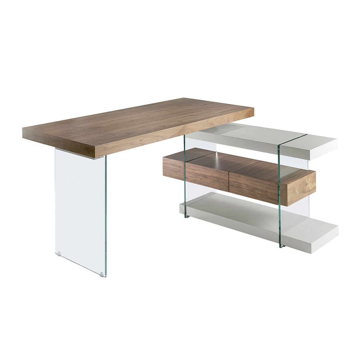 Scrivania in legno grigio e vetro temperato con piano in noce