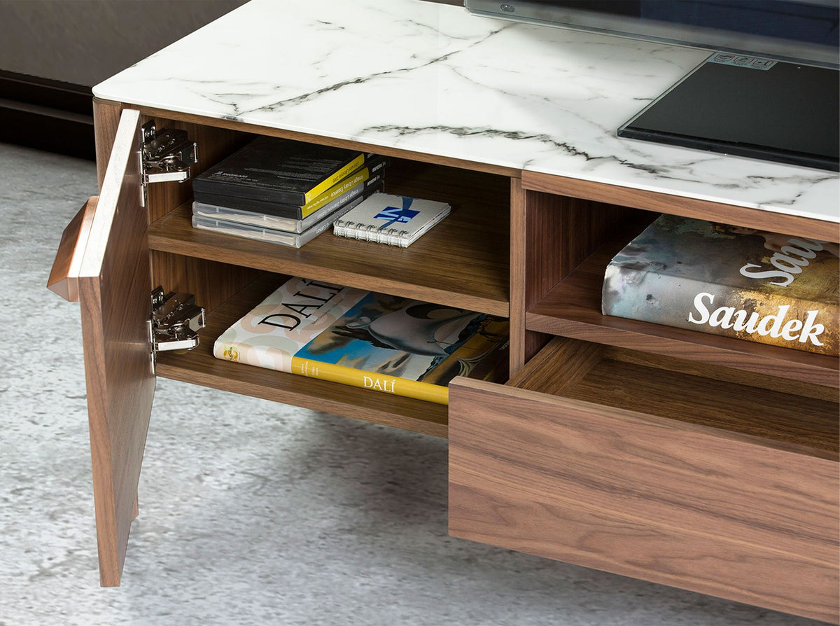 Porta TV in noce con piano in vetro a imitazione del marmo