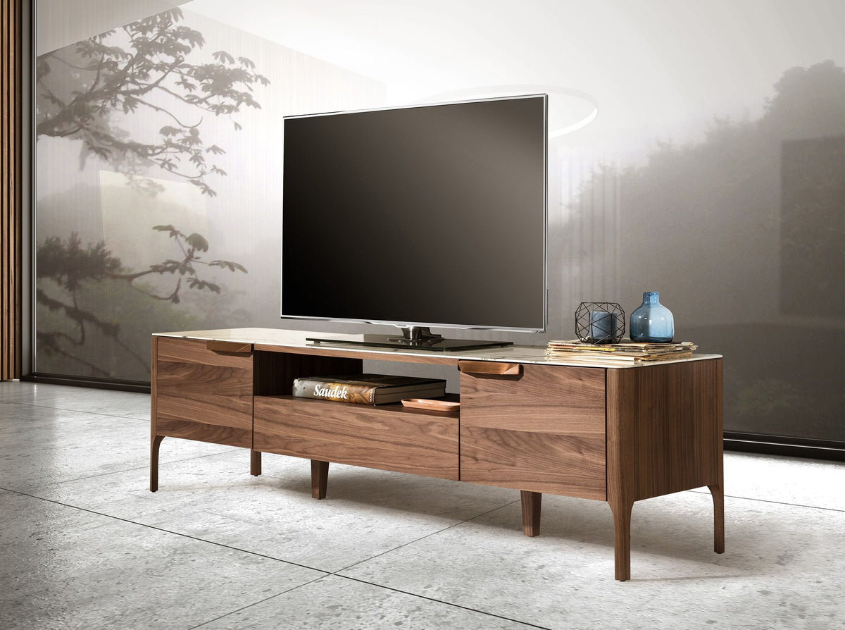Porta TV in noce con piano in vetro a imitazione del marmo