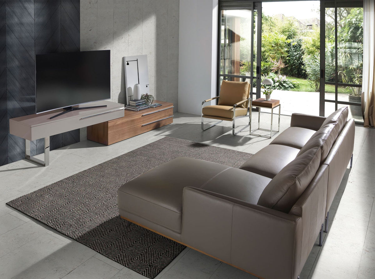 Mobile TV in legno beige, noce e acciaio cromato