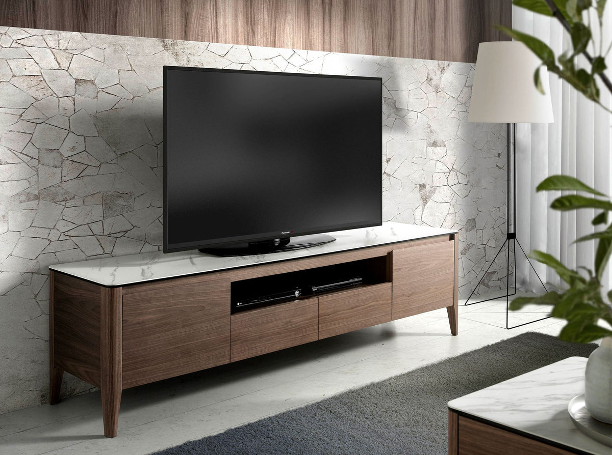 Porta TV in noce con piano in vetro a imitazione del marmo