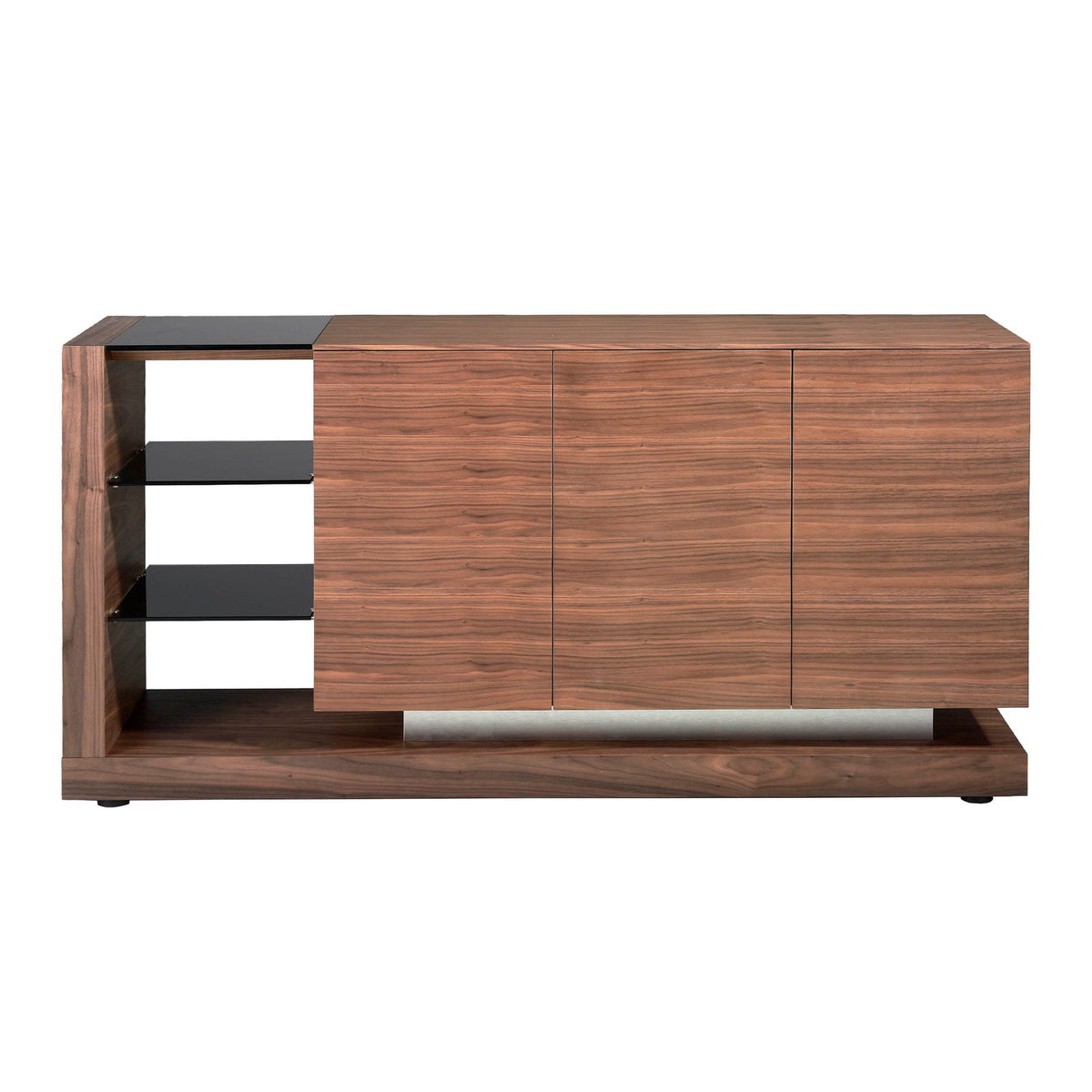 Credenza noce, acciaio spazzolato e piano in vetro nero