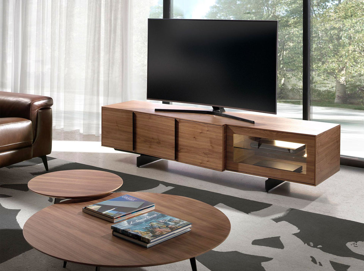 Mobile TV in noce e acciaio nero con illuminazione interna