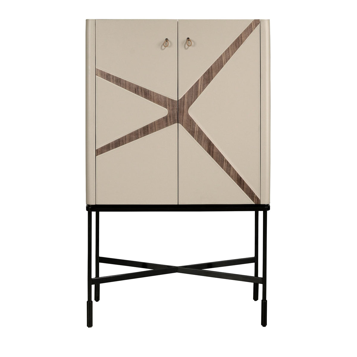 Credenza alta in similpelle, noce e acciaio nero