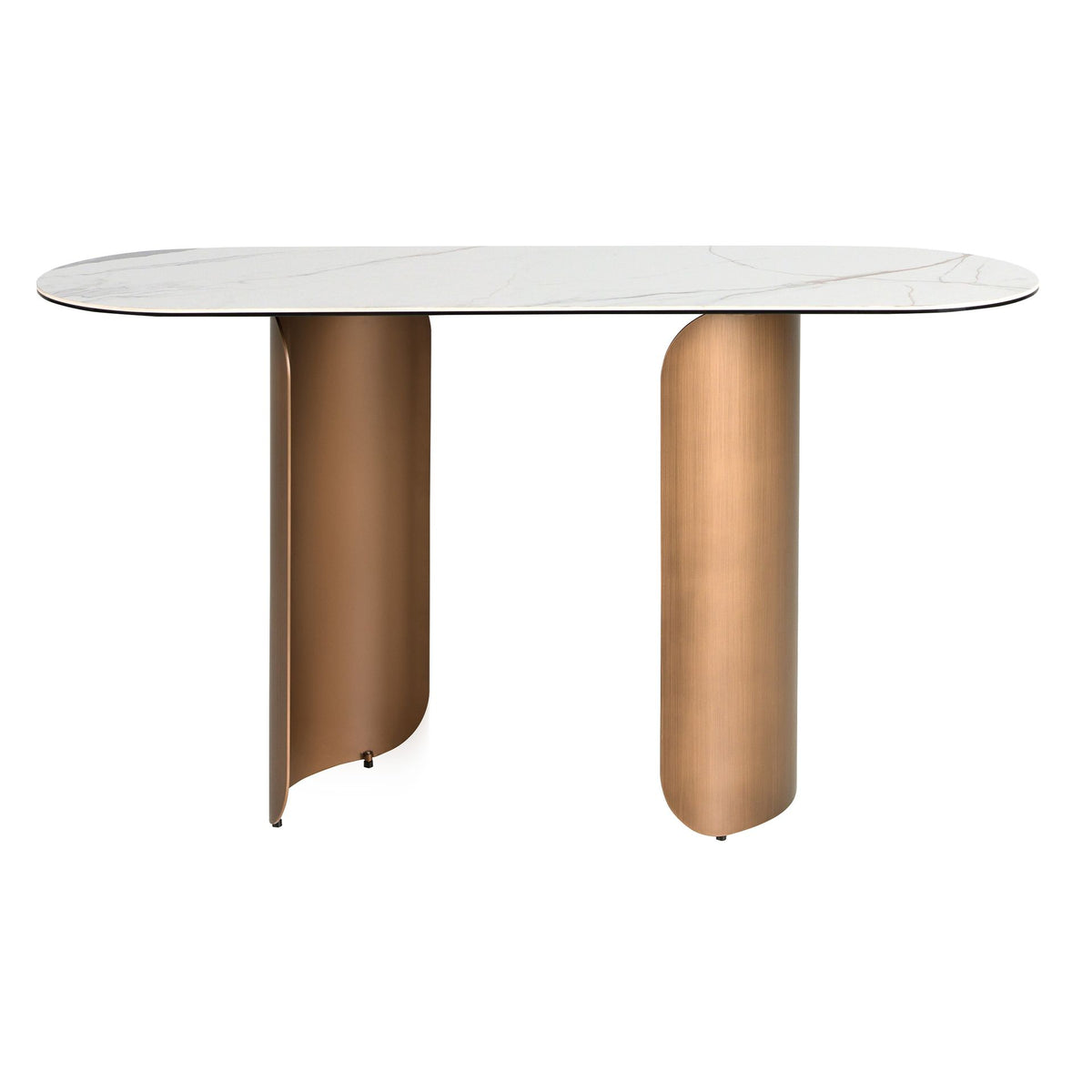 Consolle ovale a semicerchio in marmo porcellanato e acciaio color bronzo