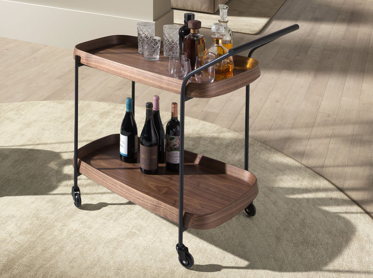 Carrello minibar in noce e acciaio nero