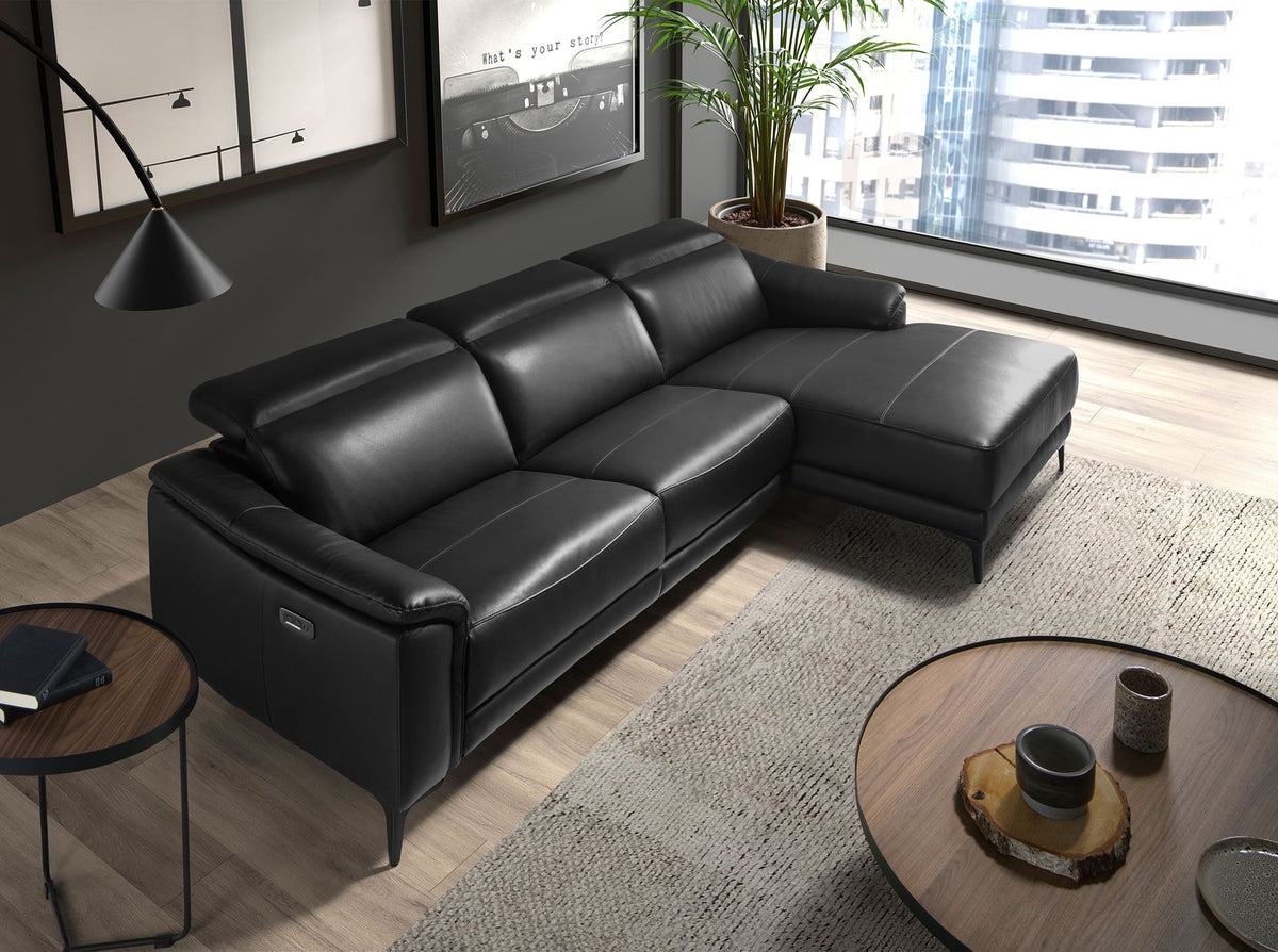 Divano relax con chaise longue destro in pelle nera