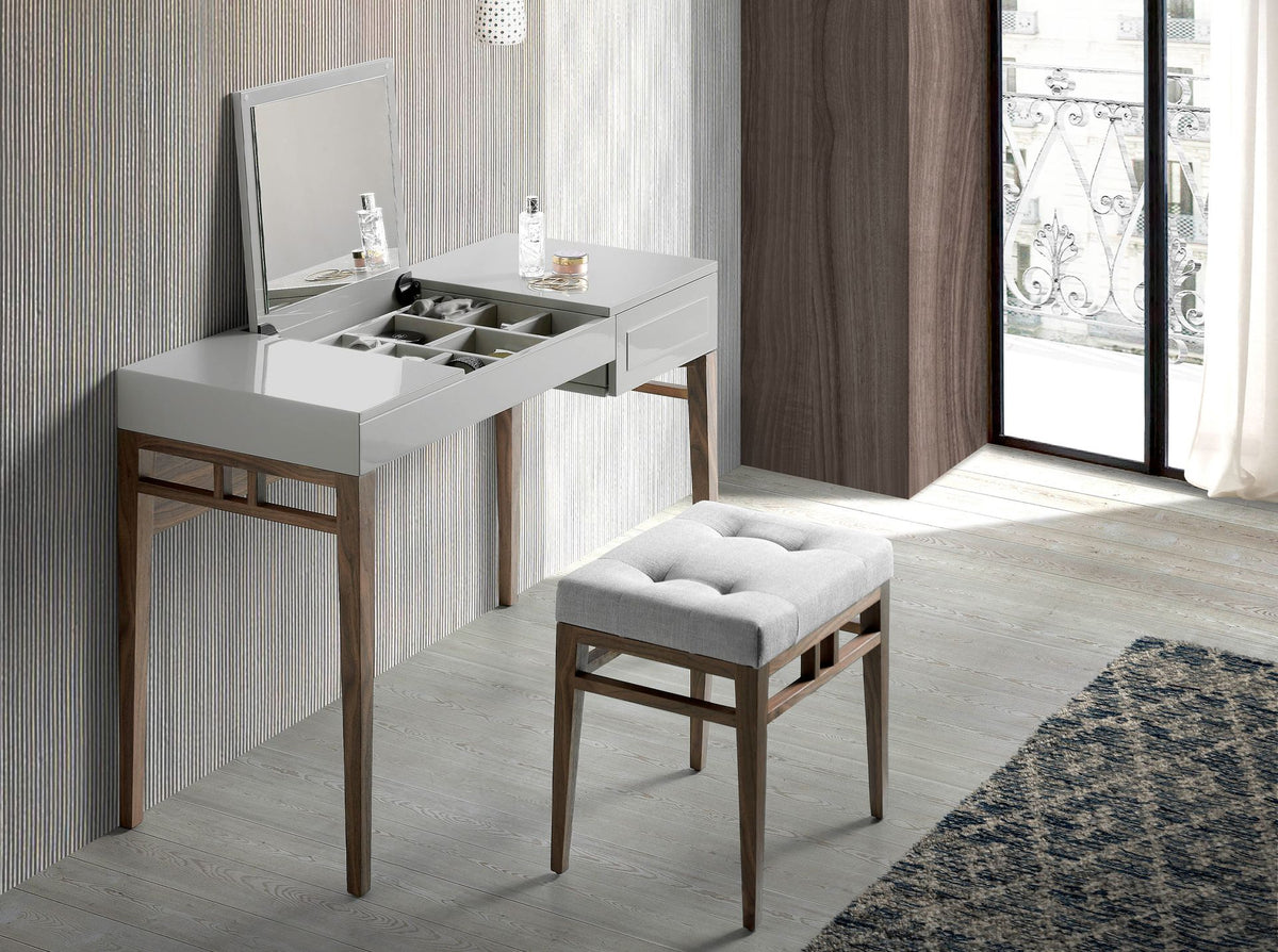 Comodino in legno grigio e noce con specchio