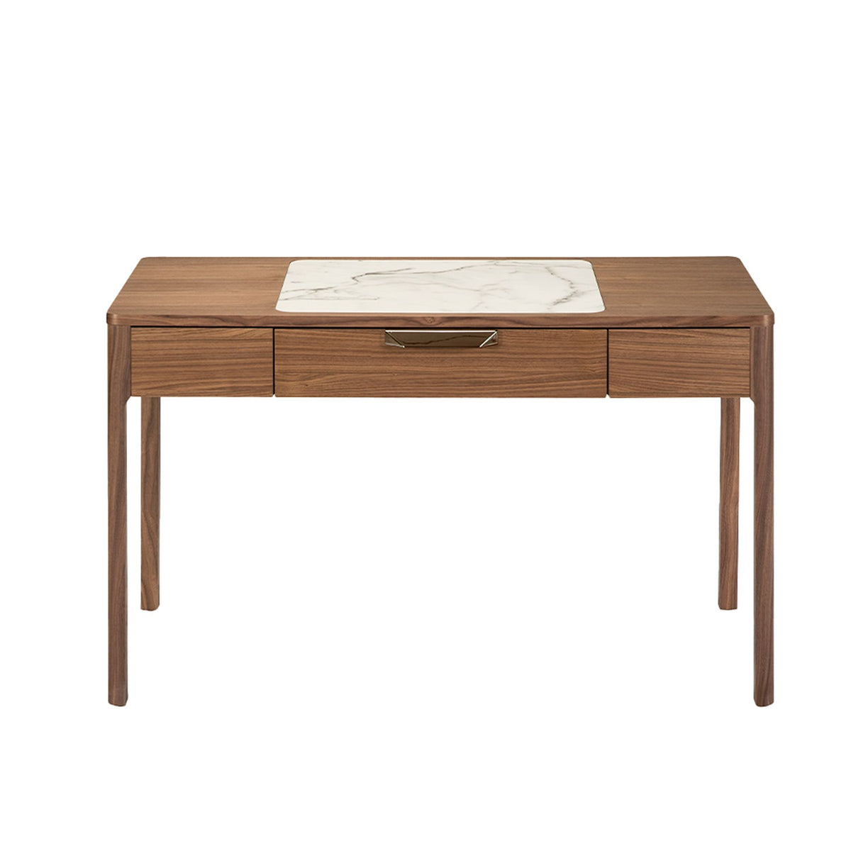 Comodino in noce con piano in vetro effetto marmo bianco e grigio lucido
