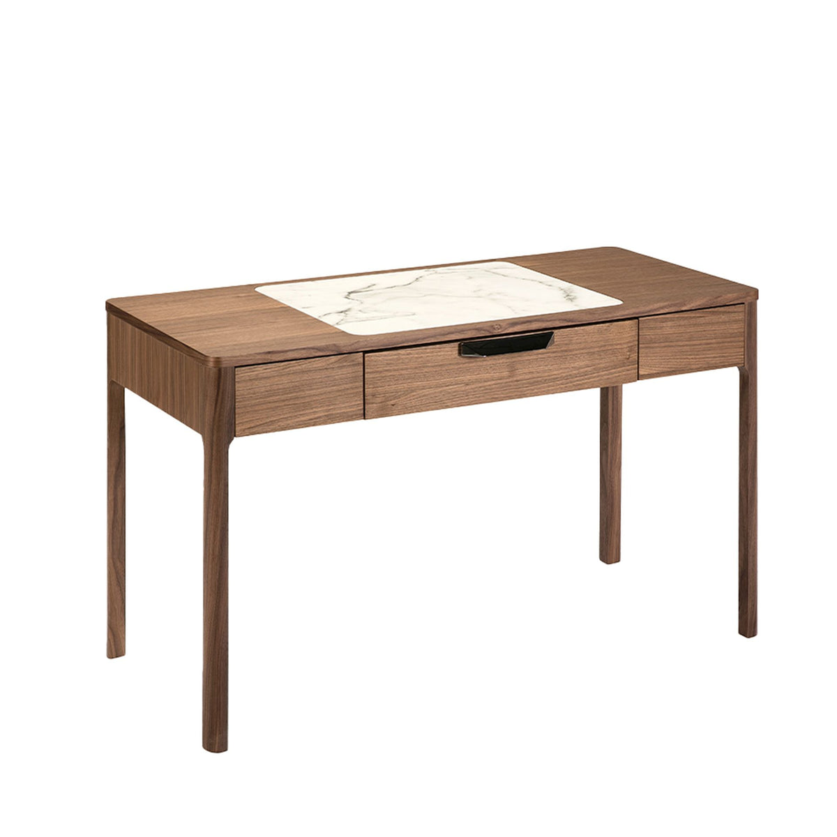 Comodino in noce con piano in vetro effetto marmo bianco e grigio lucido