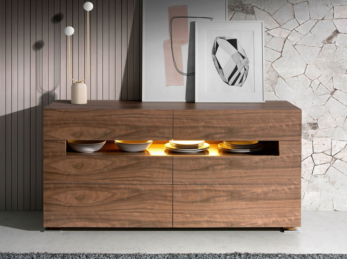Credenza in noce e acciaio lucido con illuminazione interna
