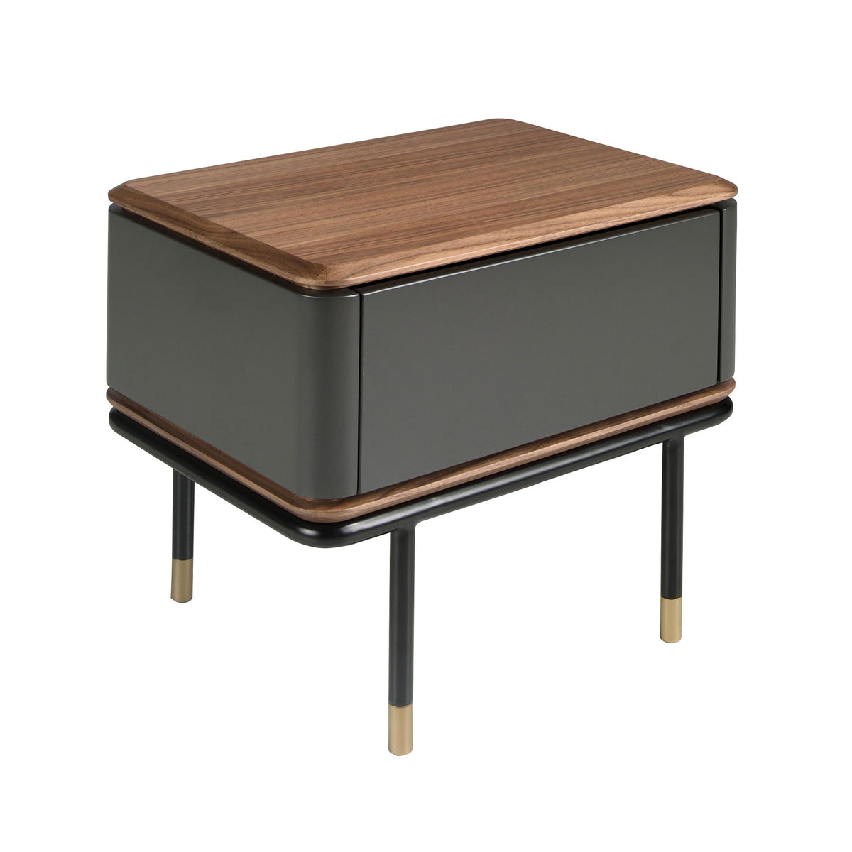 Comodino in legno grigio scuro opaco, acciaio nero e piano in noce