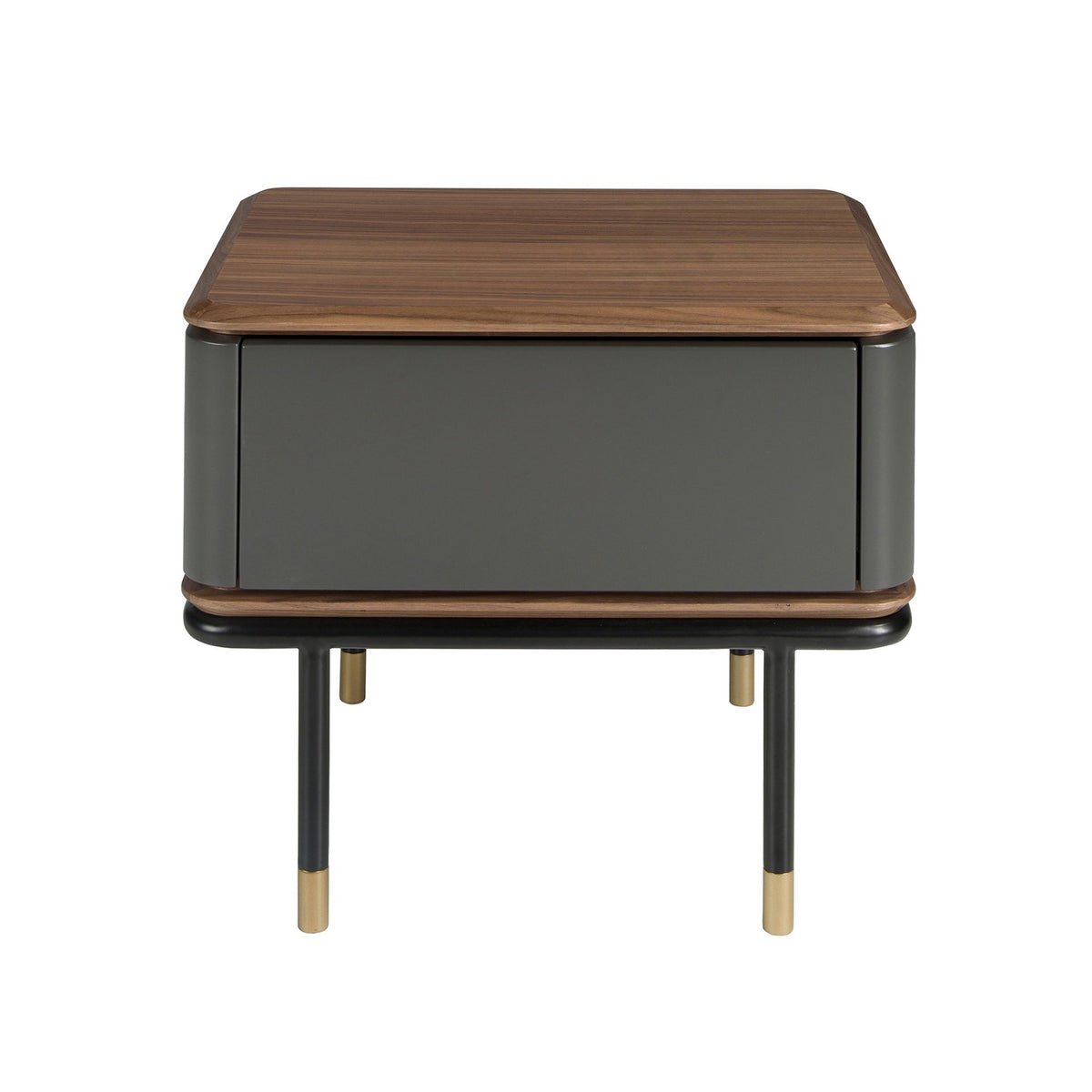 Comodino in legno grigio scuro opaco, acciaio nero e piano in noce