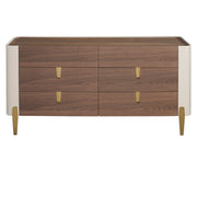 Cassettiera in legno beige, acciaio lucido dorato e piano in noce