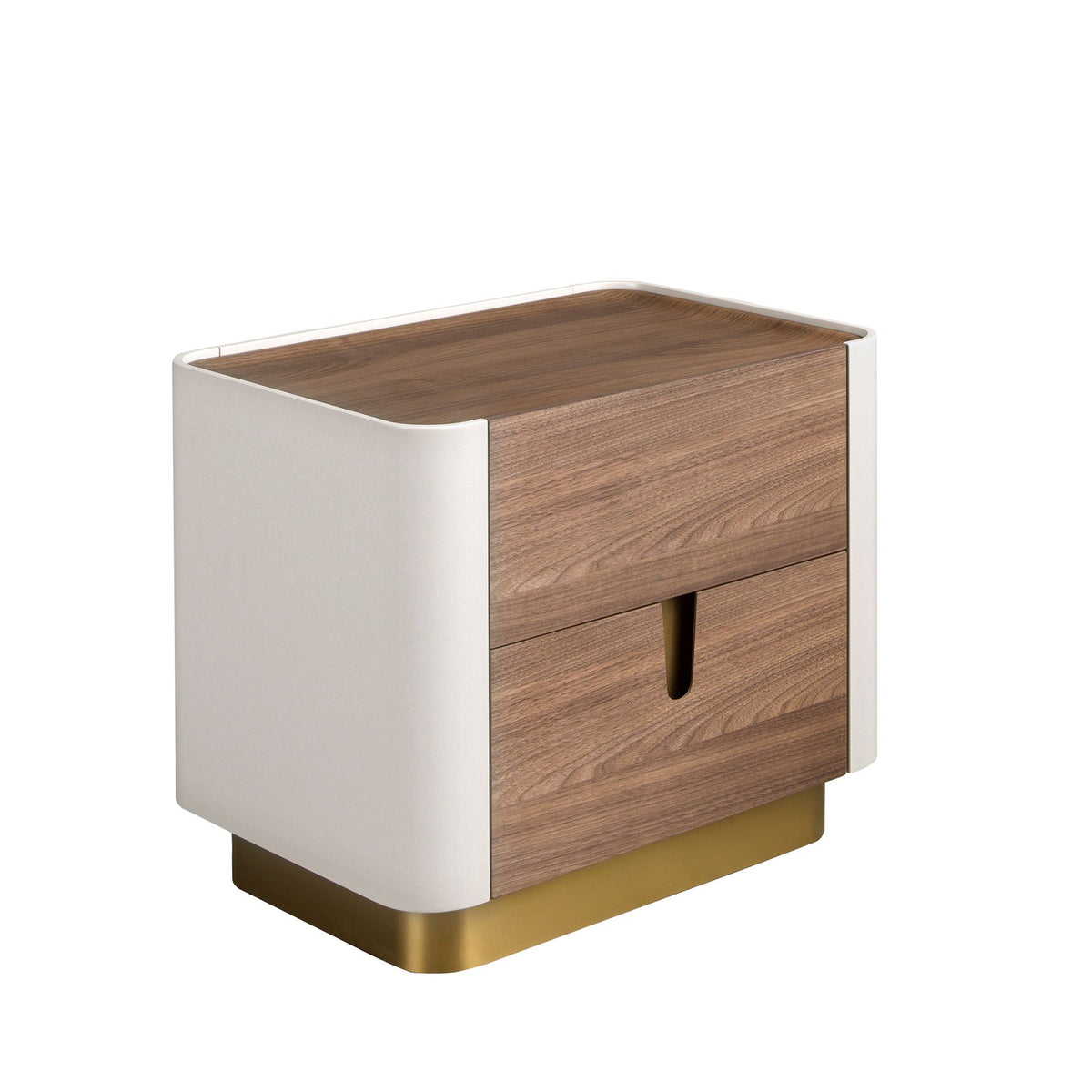 Comodino noce, beige, acciaio lucido dorato e piano in noce