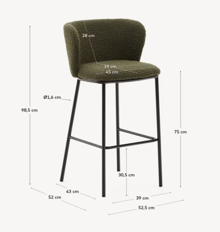 Tabouret Ciselia en peau lainée verte et acier noir hauteur 75 cm FSC