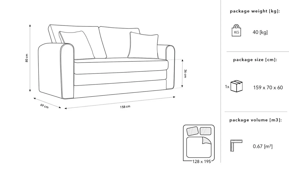 Divano letto 2 posti LIBRO 158x69x H80cm