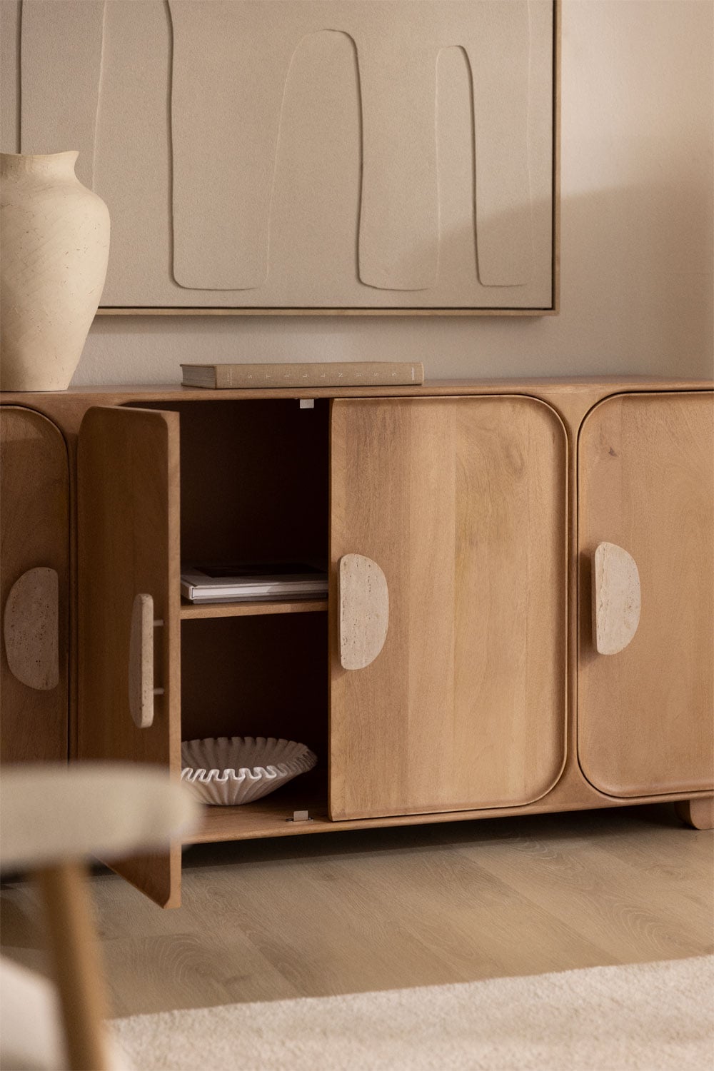 Kivalina - Credenza 160x45 cm in legno di mango e pietra naturale