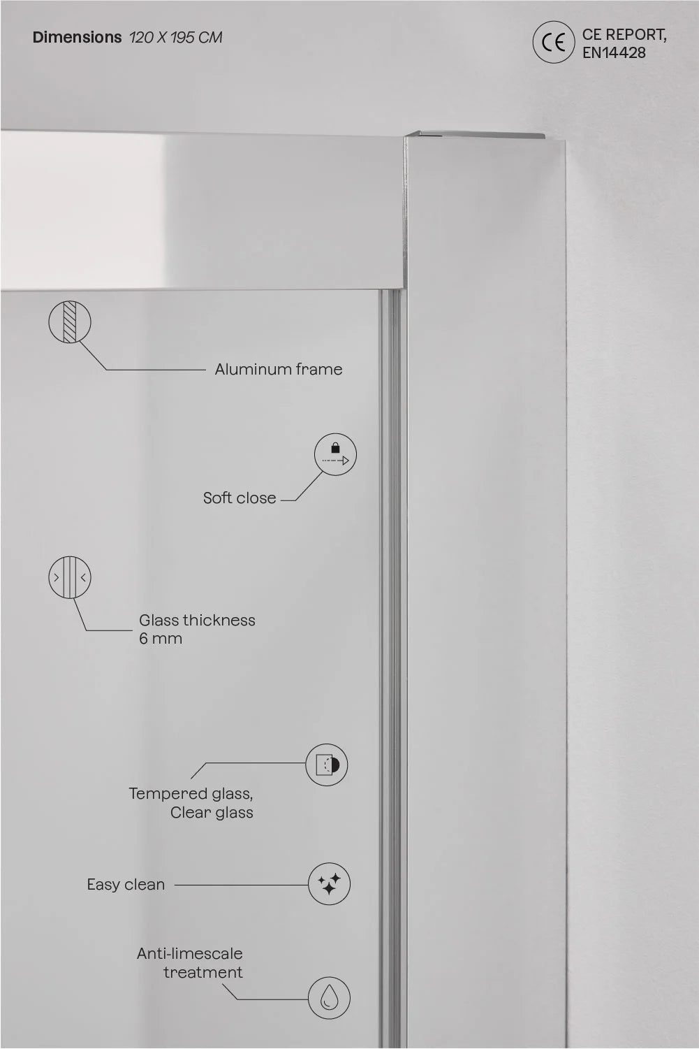 Dover - Mampara doccia con accesso frontale e porta scorrevole soft closing, vetro temperato 6 mm e alluminio