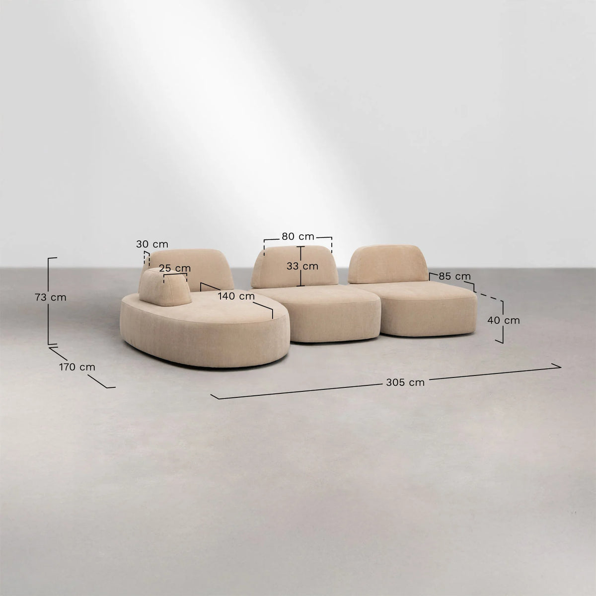 Giorgia - Divano modulare chaise longue sinistro a 3 pezzi rivestito