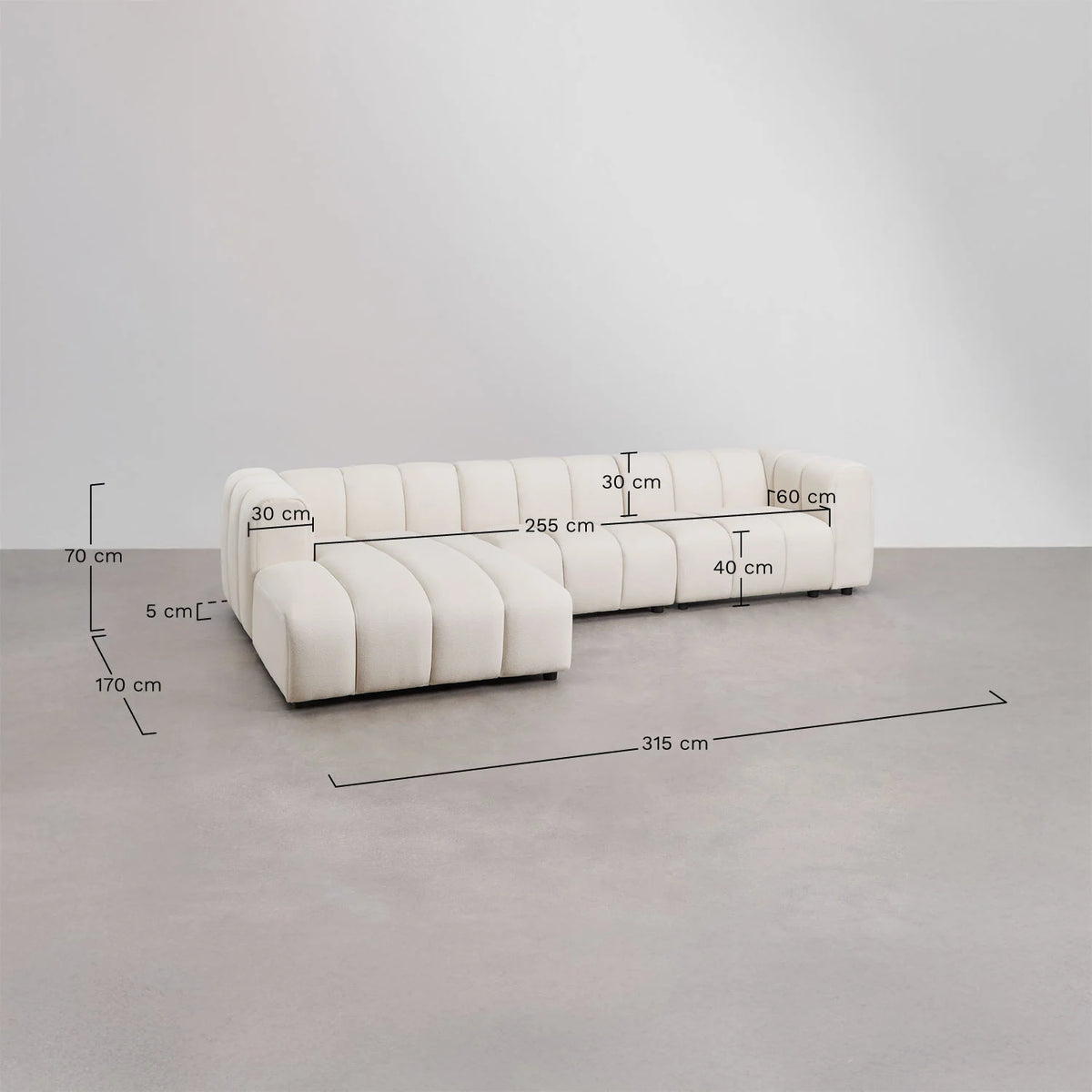 Divano modulare chaise longue sinistro a 3 pezzi in tessuto bouclé Eliot 315x170