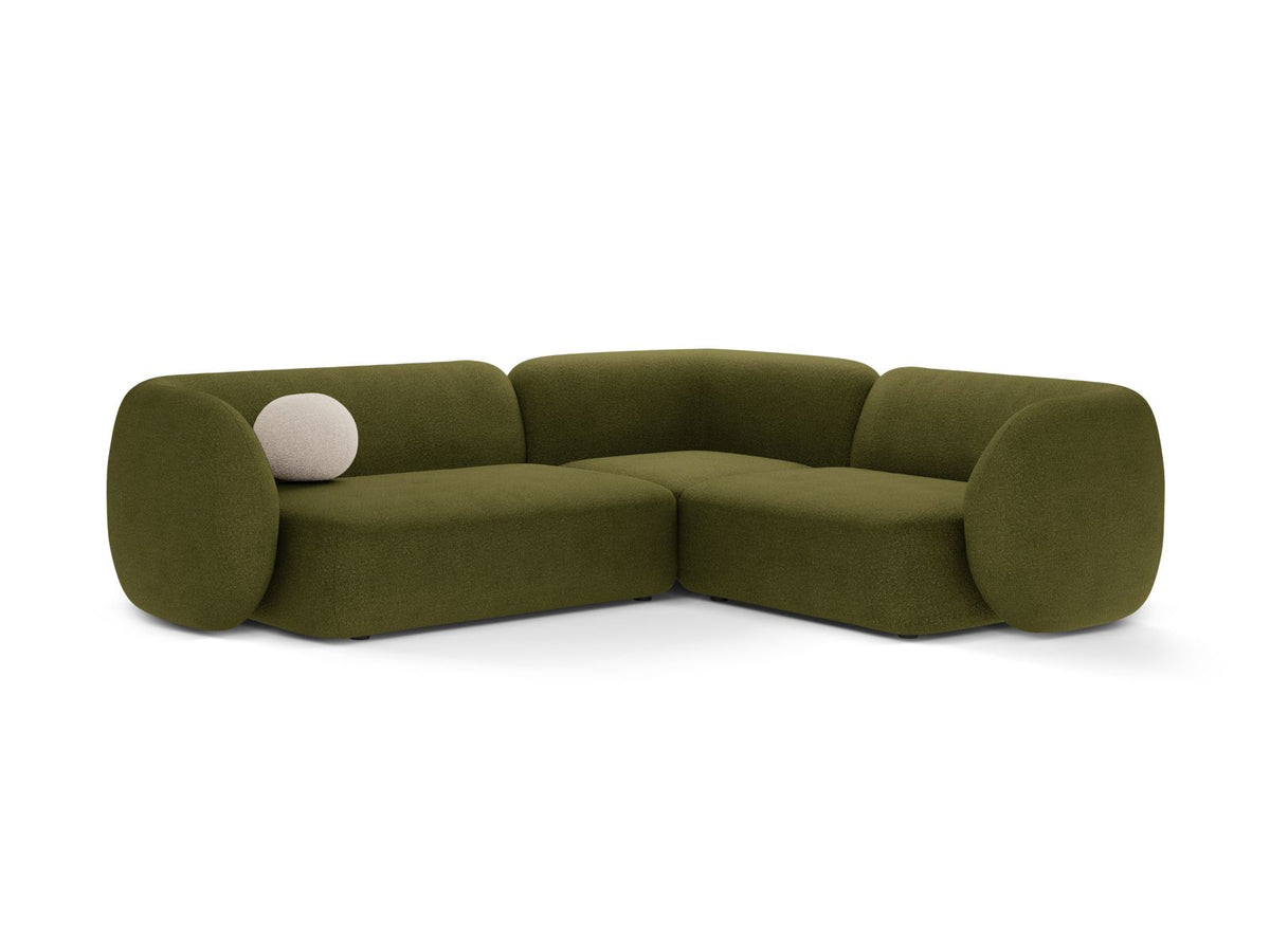 Divano Angolare Modulare Destro in Bouclé, "Kate", 4 Posti, 252x220x76 - Verde Oliva Scuro
