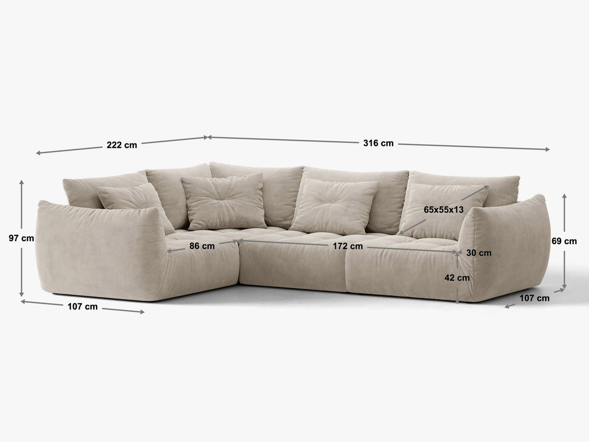 Divano Angolare Componibile Bloom, 3 Posti, 222x316x97