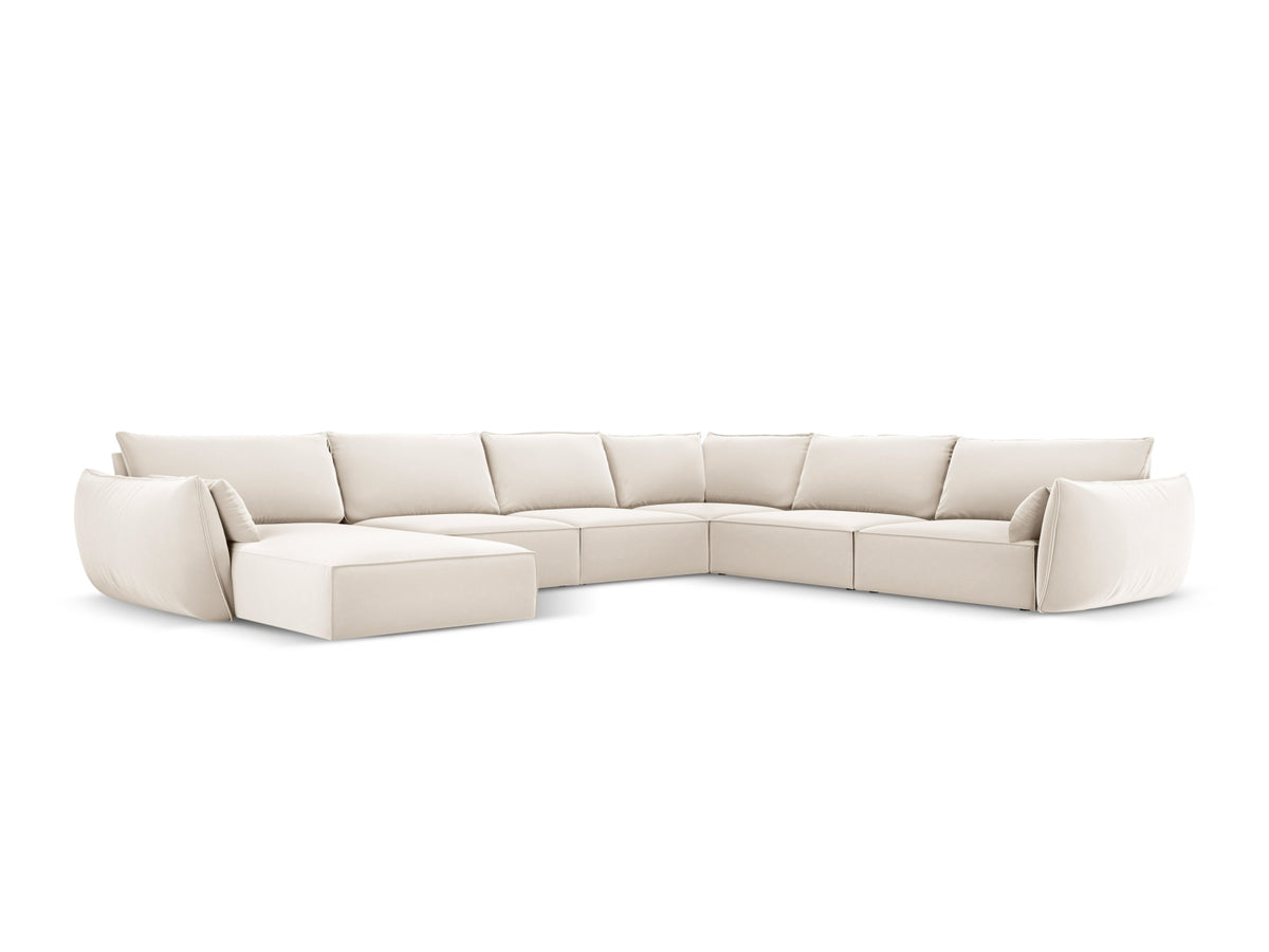 Divano Panoramico Angolare Destro in Velluto, "Kaelle", 8 Posti, 384x284x85 - Beige Chiaro