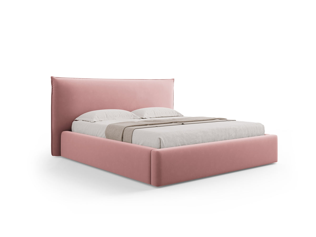 Letto con Contenitore e Testata in Velluto, "Kaelle", 223x180x111 - Rosa