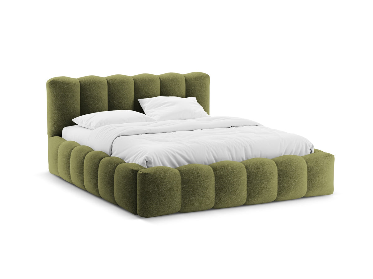 Letto con Contenitore e Testata in Bouclé, "Lupine", 226x206x95 - Verde Oliva Scuro