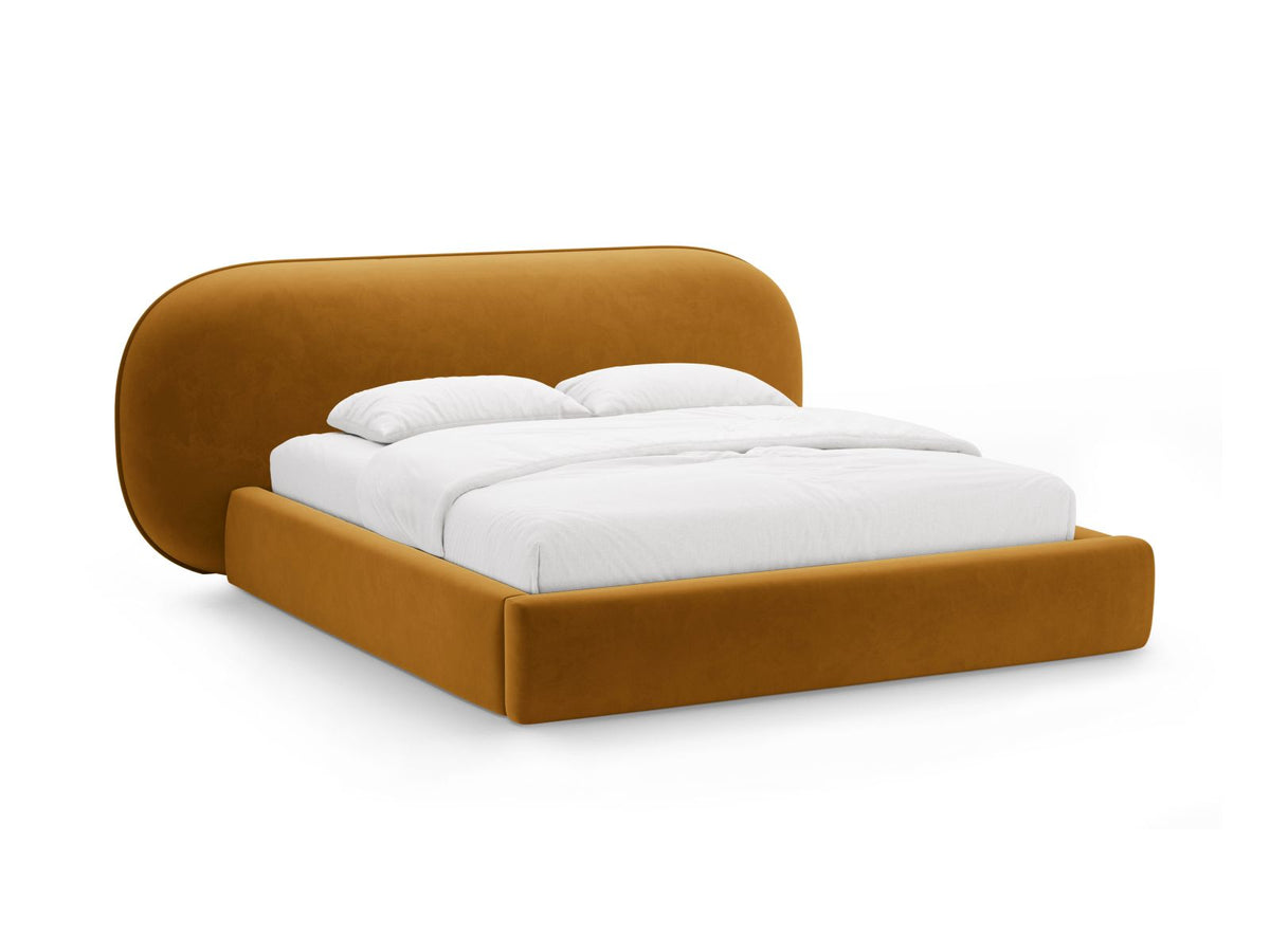 Letto con Contenitore e Testata in Velluto, "Ovalo", 234x290x96 - Senape