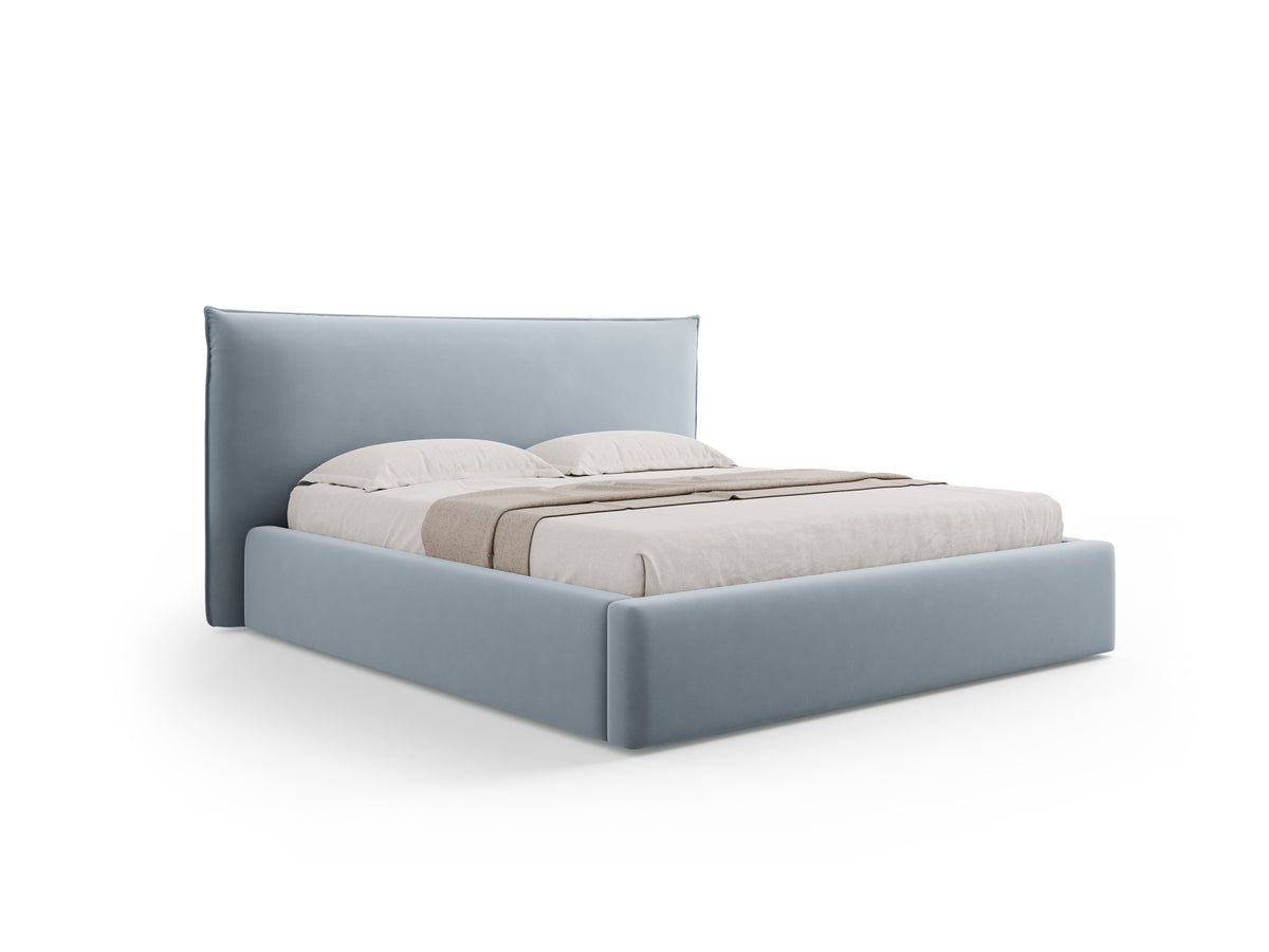 Letto con Contenitore e Testata in Velluto, "Kaelle", 223x220x111 - Blu Chiaro