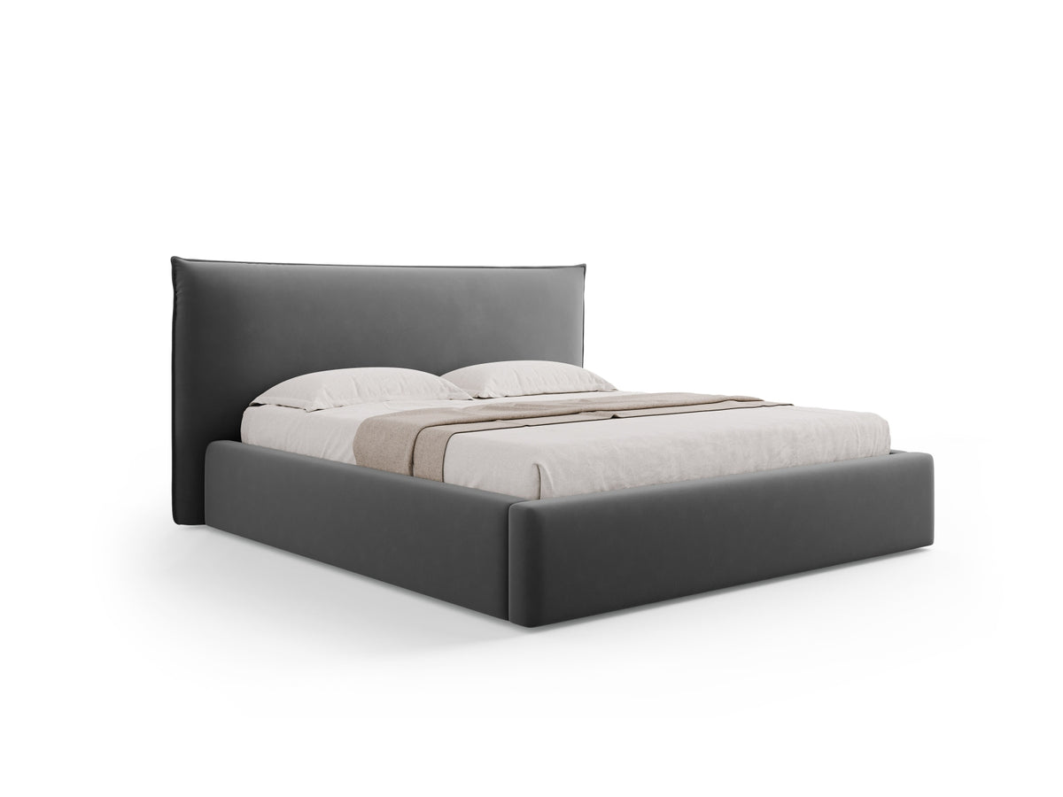 Letto con Contenitore e Testata in Velluto, "Kaelle", 223x180x111 - Grigio