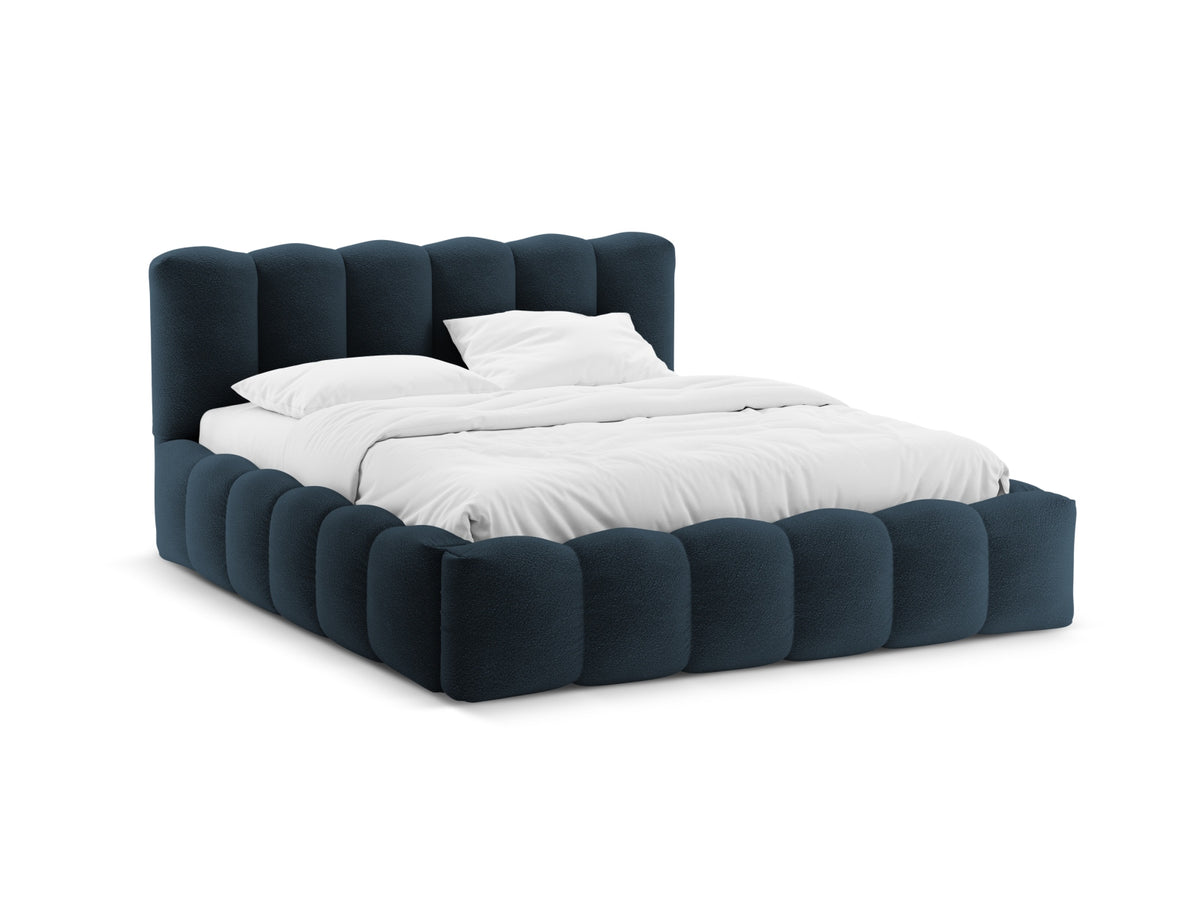 Letto con Contenitore e Testata in Bouclé, "Lupine", 226x206x95 - Blu Scuro