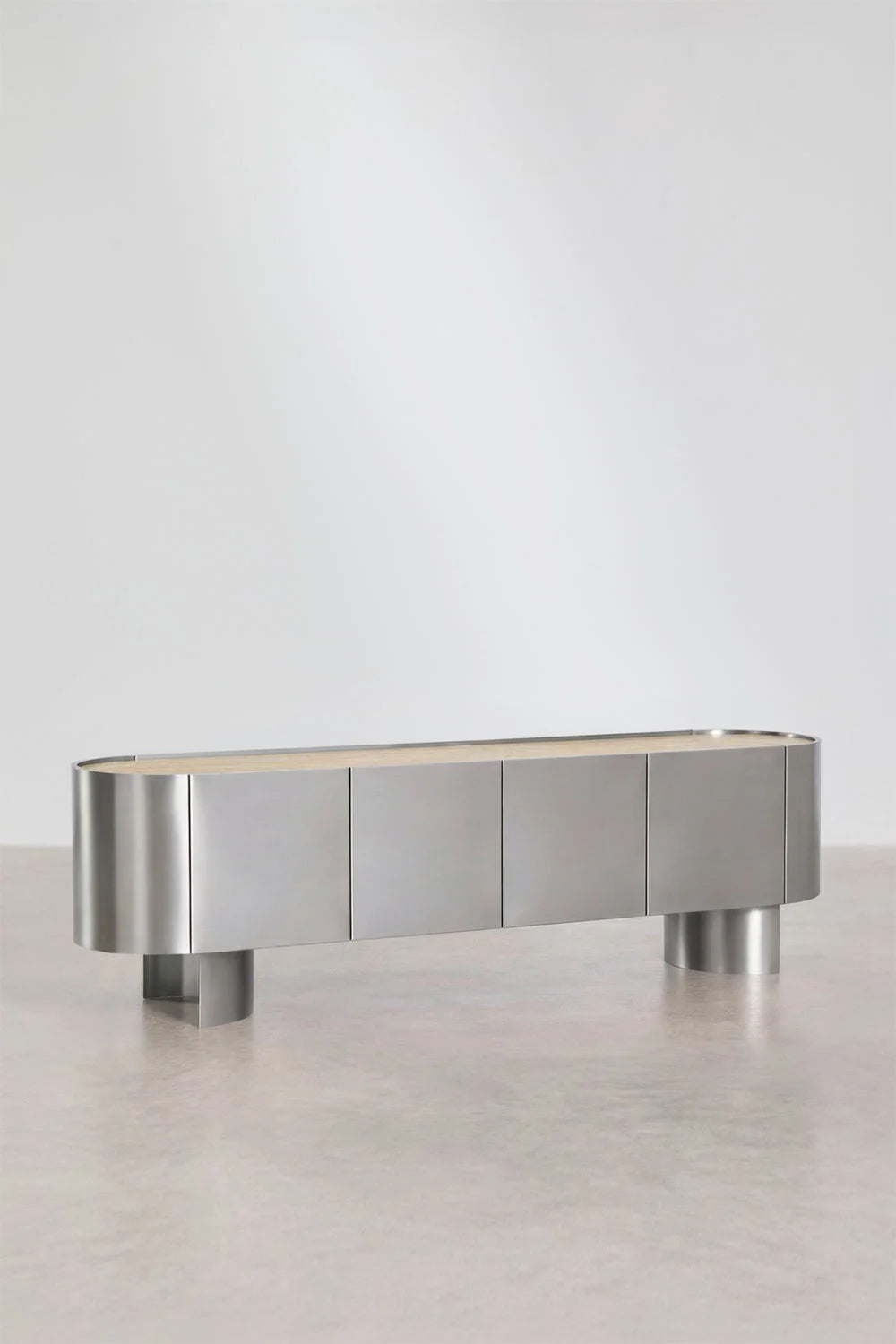Mobile TV 180x40 cm in acciaio inox e travertino Luena