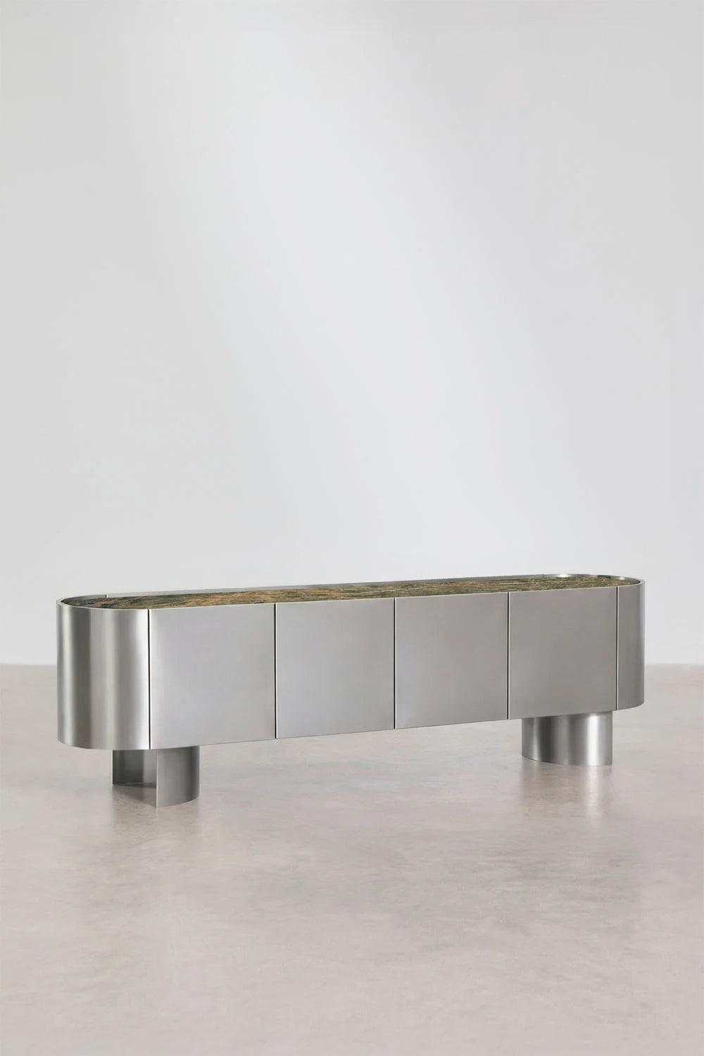 Mobile TV 180x40 cm in acciaio inox e travertino Luena